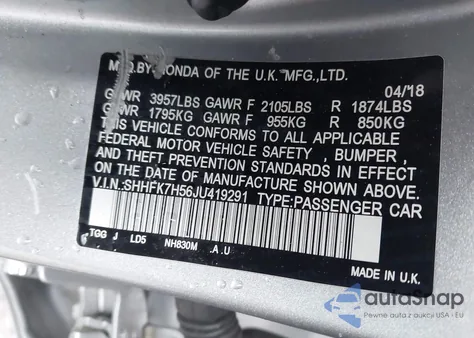 2018 Honda Civic Ex from USA, damaged, VIN SHHFK7H56JU419291